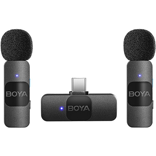 In the Box BOYA BY-V2 Ultracompact 2-Person Wireless Microphone System with Lightning Connector for iOS Devices (2.4 GHz) 2 x Transmitter Receiver USB-C Charging Cable Foam Windscreen Limited 1-Year Manufacturer Warranty