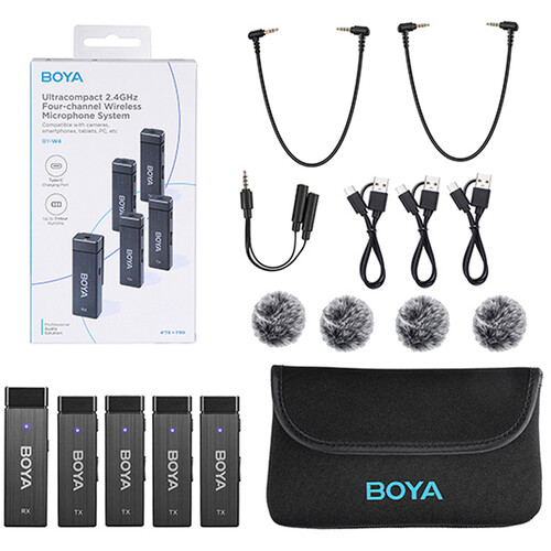 BOYA BY-W4 Ultracompact 4-Person Wireless Microphone System for Cameras box contents